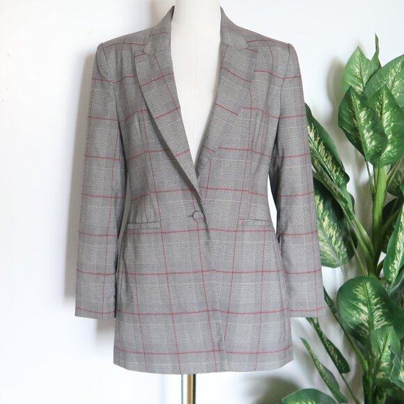 Zara Gray Plaid Checkered Single-breasted Blazer Red Windowpane Classic Office M - Picture 2 of 14
